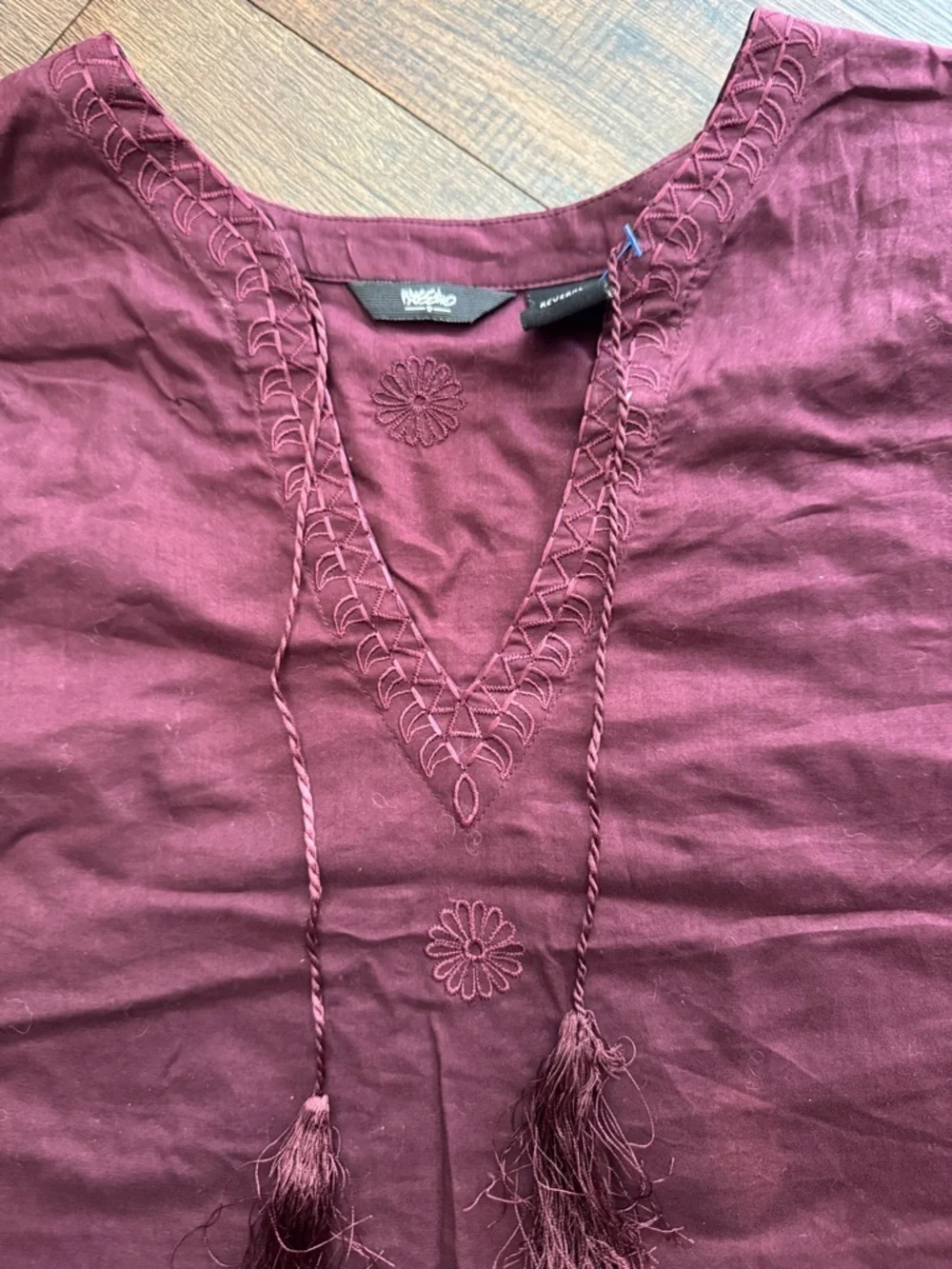 Embroidered V-Neck Tunic Top in Deep Wine